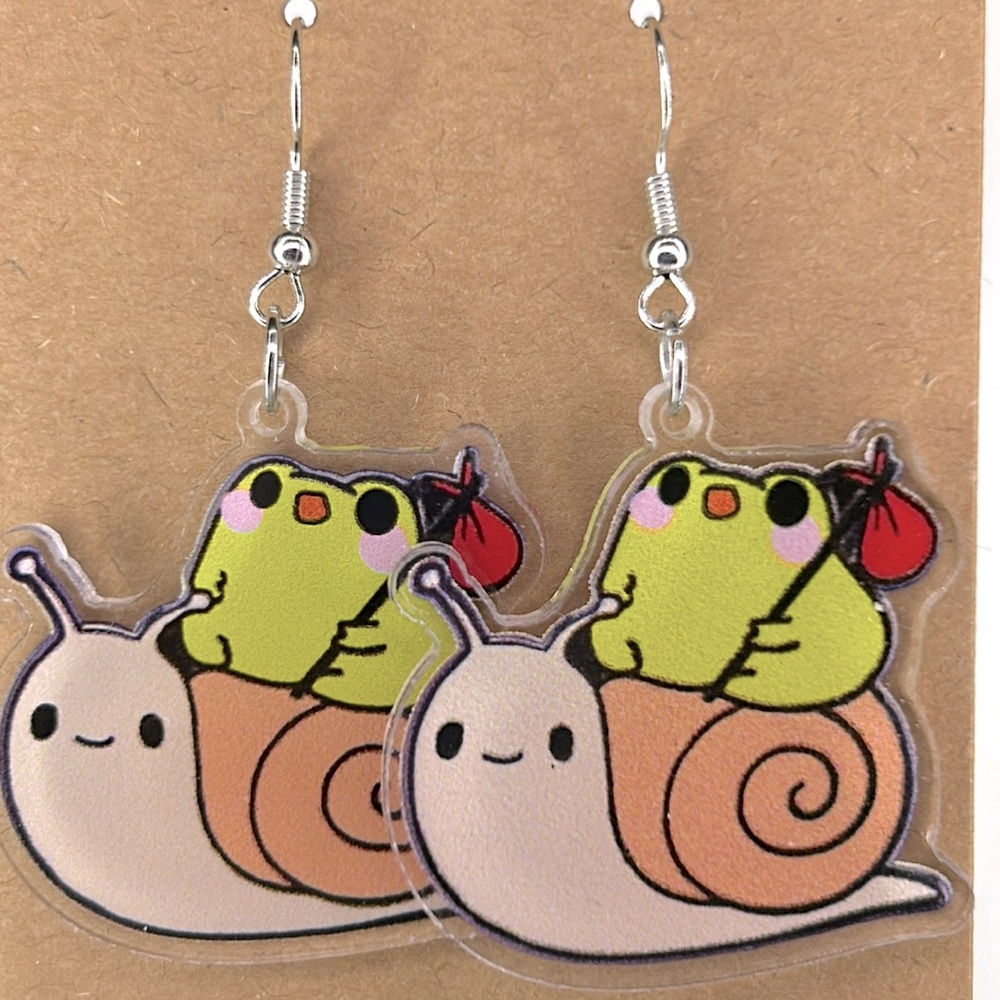 Frog Hitchhiking On A Snails Shell 2D Acrylic Cartoon Earrings - Picture 5 of 5
